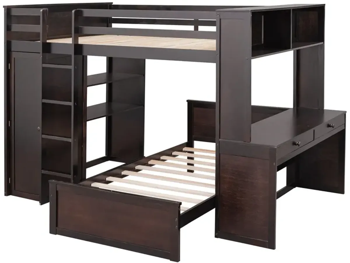 Loft Bed With A Twin Size Standalone Bed, Shelves, Desk, And Wardrobe