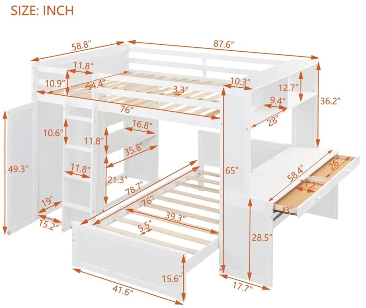 Loft Bed With A Twin Size Standalone Bed, Shelves, Desk, And Wardrobe