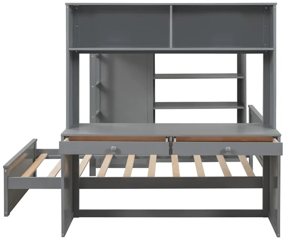 Loft Bed With A Twin Size Standalone Bed, Shelves, Desk, And Wardrobe