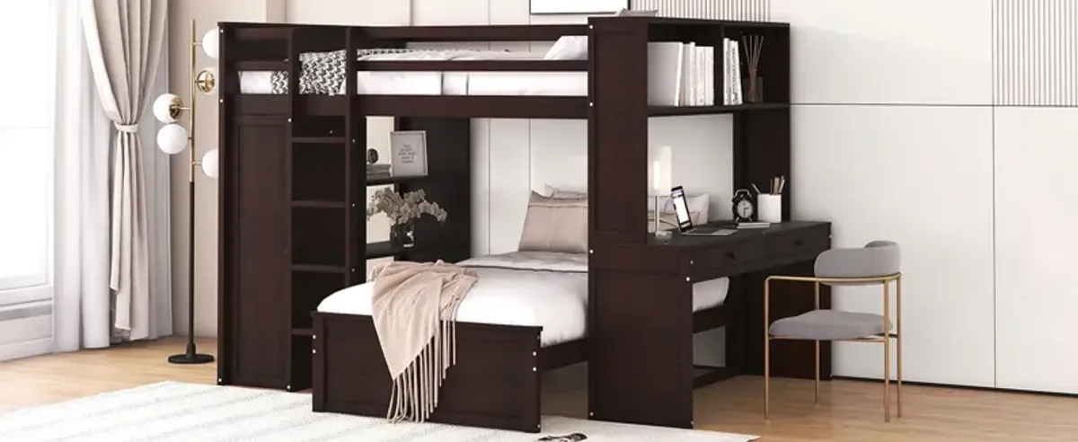 Loft Bed With A Twin Size Standalone Bed, Shelves, Desk, And Wardrobe