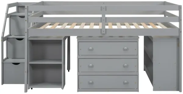 Loft Bed With Retractable Writing Desk And 3 Drawers With Storage Stairs And Shelves
