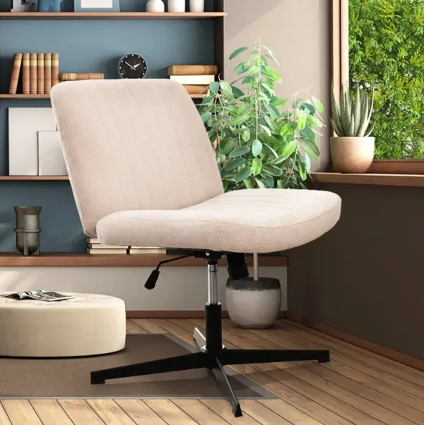 Cross Legged Office Chair, Wide Comfty Desk Chair, Vanity Home Chair No Wheels Armless Computer Task Chair, Swivel And Height Adjustable - Beige