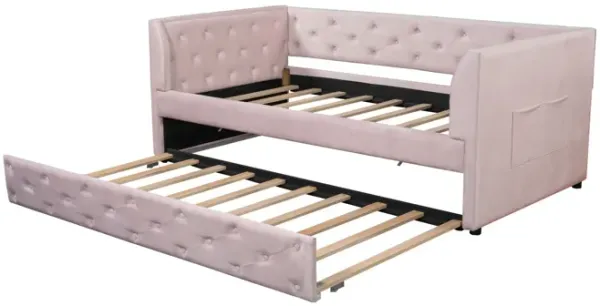 Twin Size Upholstered Tufted Daybed With Trundle - Pink