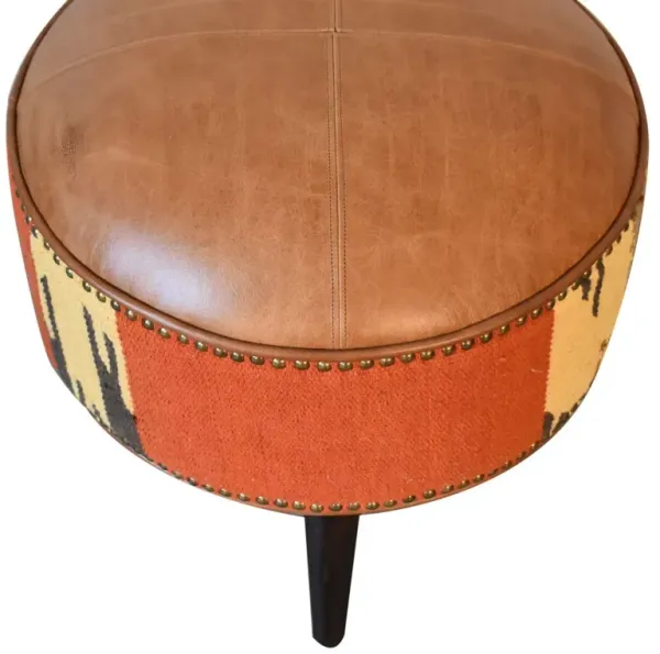 Durrie & Leather Mixed Footstool - Brown