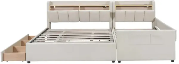 Upholstered Mother & Child Bed With Hydraulic Storage System, Drawer Box, Bedhead Storage Shelf And 2 Pairs Of Sockets & USB Ports