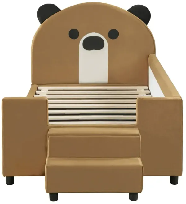 Upholstered Daybed With Bear Shaped Headboard, Hydraulic System And Breathable Mesh Fence