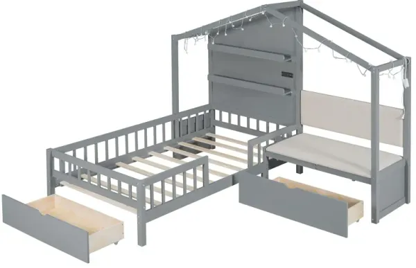 House Bed With Upholstered Sofa, Wireless Charging Station, Shelves And 2 Drawers