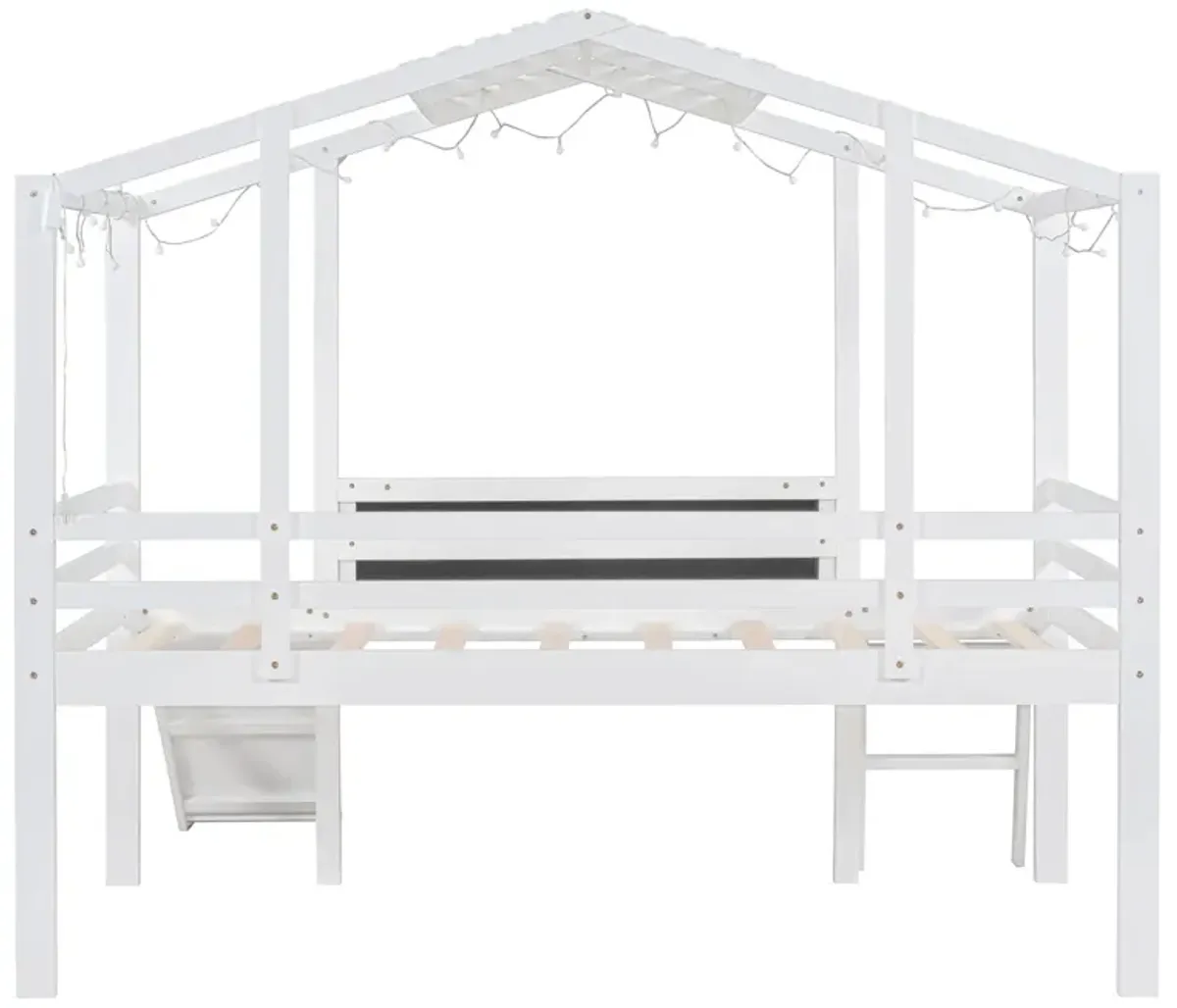 Loft House Bed With Ladder And Slide, With Blackboard And Light Strip On The Roof