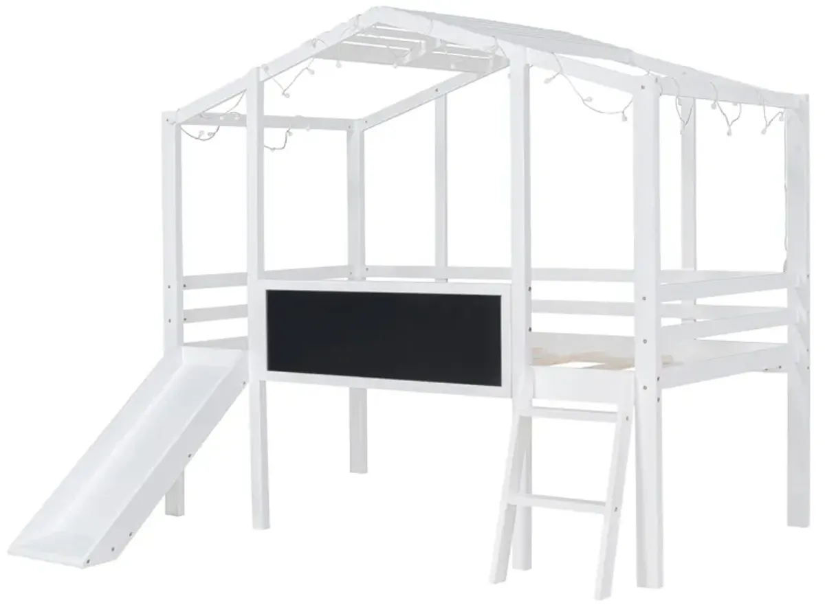 Loft House Bed With Ladder And Slide, With Blackboard And Light Strip On The Roof