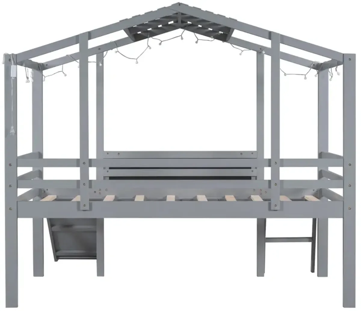 Loft House Bed With Ladder And Slide, With Blackboard And Light Strip On The Roof