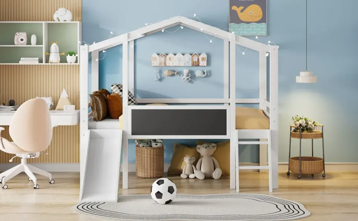 Loft House Bed With Ladder And Slide, With Blackboard And Light Strip On The Roof