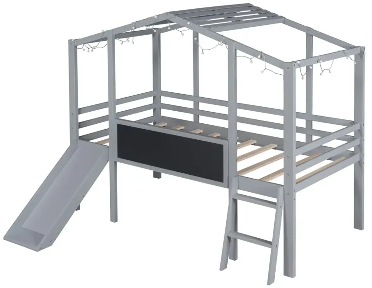 Loft House Bed With Ladder And Slide, With Blackboard And Light Strip On The Roof