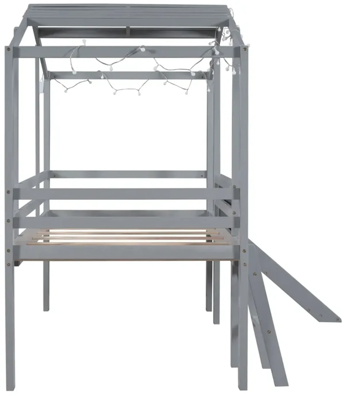 Loft House Bed With Ladder And Slide, With Blackboard And Light Strip On The Roof