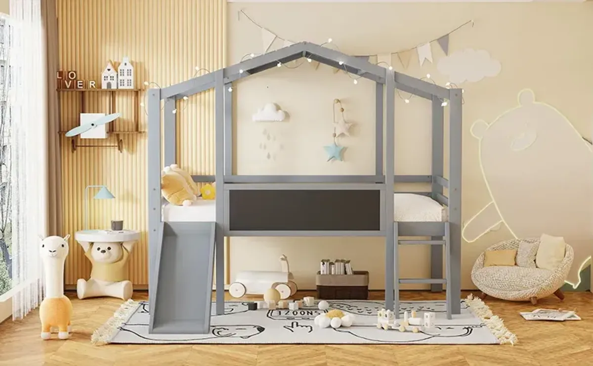 Loft House Bed With Ladder And Slide, With Blackboard And Light Strip On The Roof