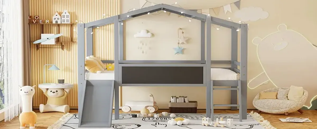 Loft House Bed With Ladder And Slide, With Blackboard And Light Strip On The Roof
