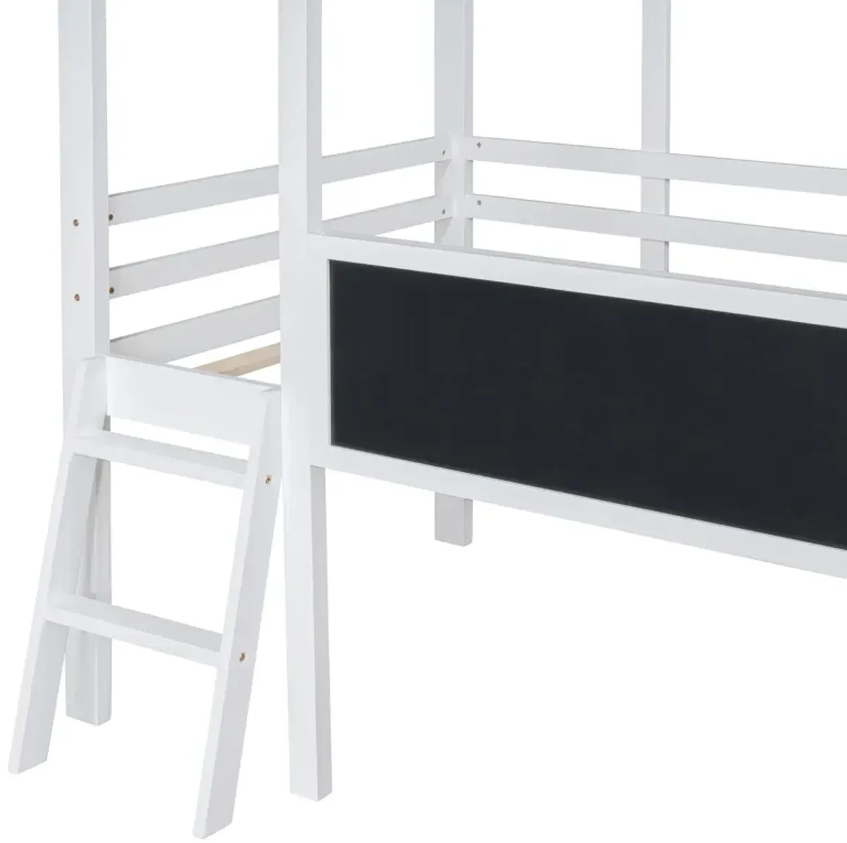 Loft House Bed With Ladder And Slide, With Blackboard And Light Strip On The Roof
