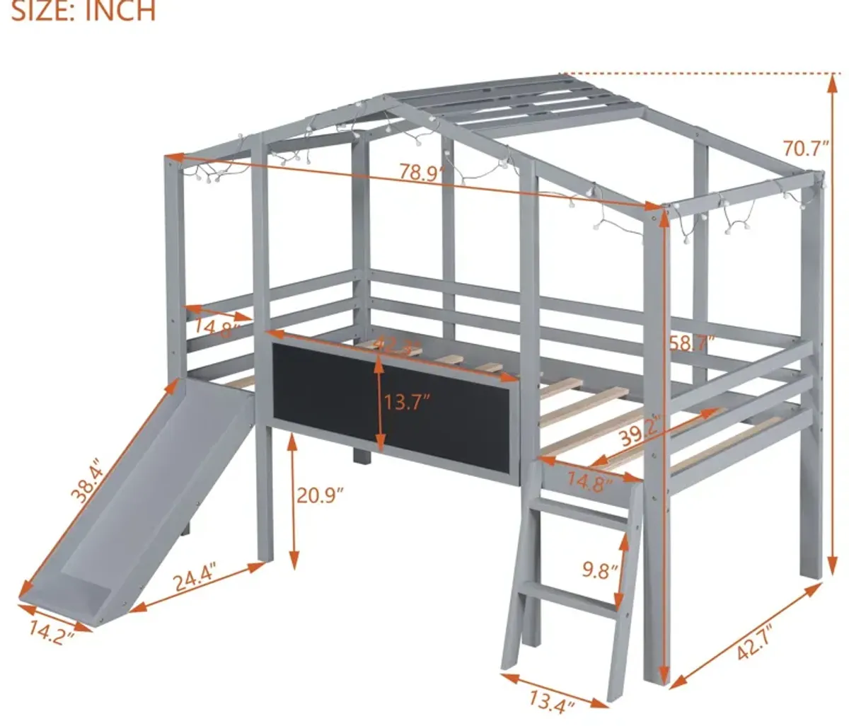Loft House Bed With Ladder And Slide, With Blackboard And Light Strip On The Roof