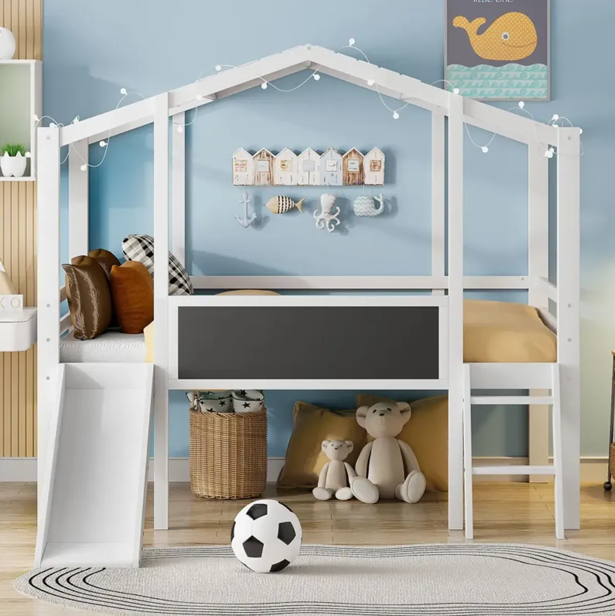 Loft House Bed With Ladder And Slide, With Blackboard And Light Strip On The Roof