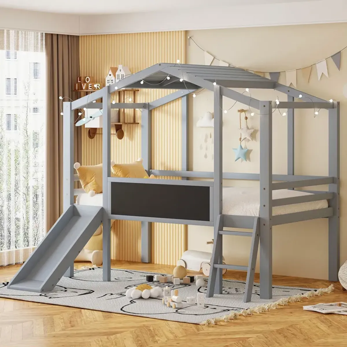Loft House Bed With Ladder And Slide, With Blackboard And Light Strip On The Roof