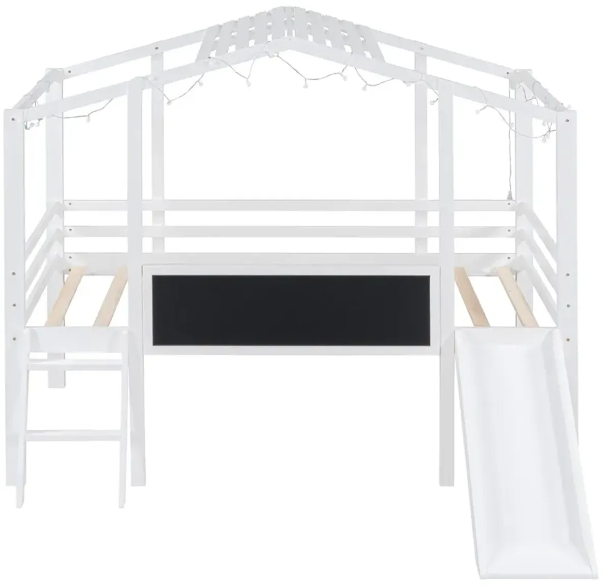 Loft House Bed With Ladder And Slide, With Blackboard And Light Strip On The Roof