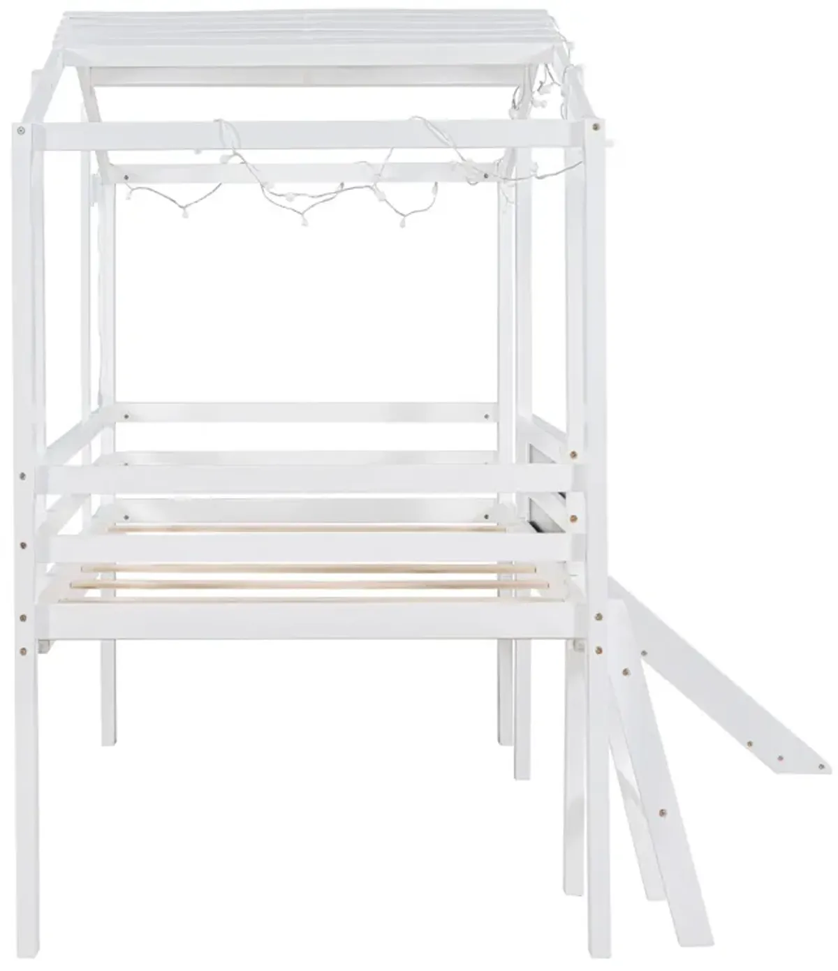 Loft House Bed With Ladder And Slide, With Blackboard And Light Strip On The Roof