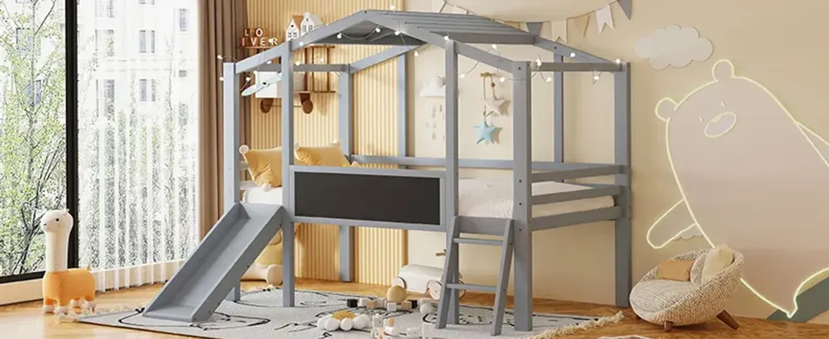 Loft House Bed With Ladder And Slide, With Blackboard And Light Strip On The Roof