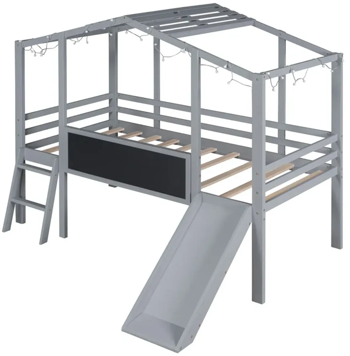 Loft House Bed With Ladder And Slide, With Blackboard And Light Strip On The Roof