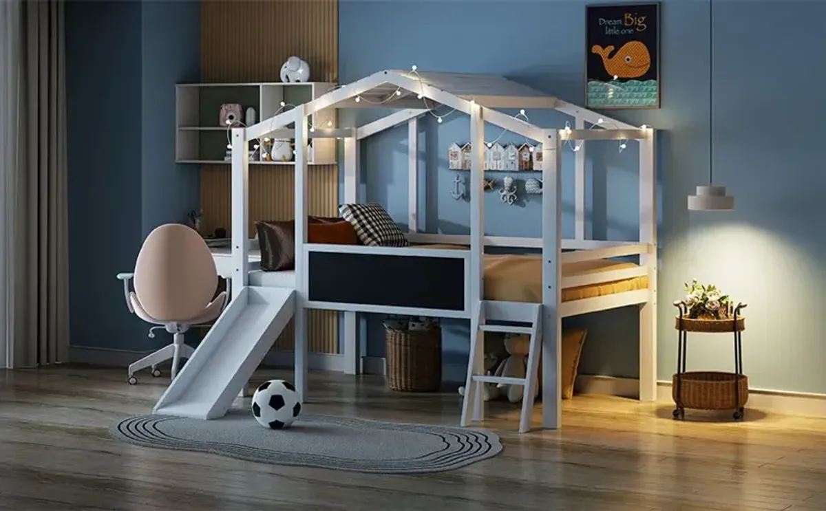 Loft House Bed With Ladder And Slide, With Blackboard And Light Strip On The Roof
