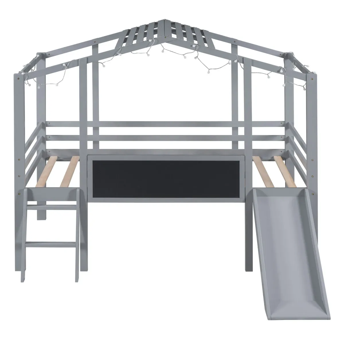 Loft House Bed With Ladder And Slide, With Blackboard And Light Strip On The Roof