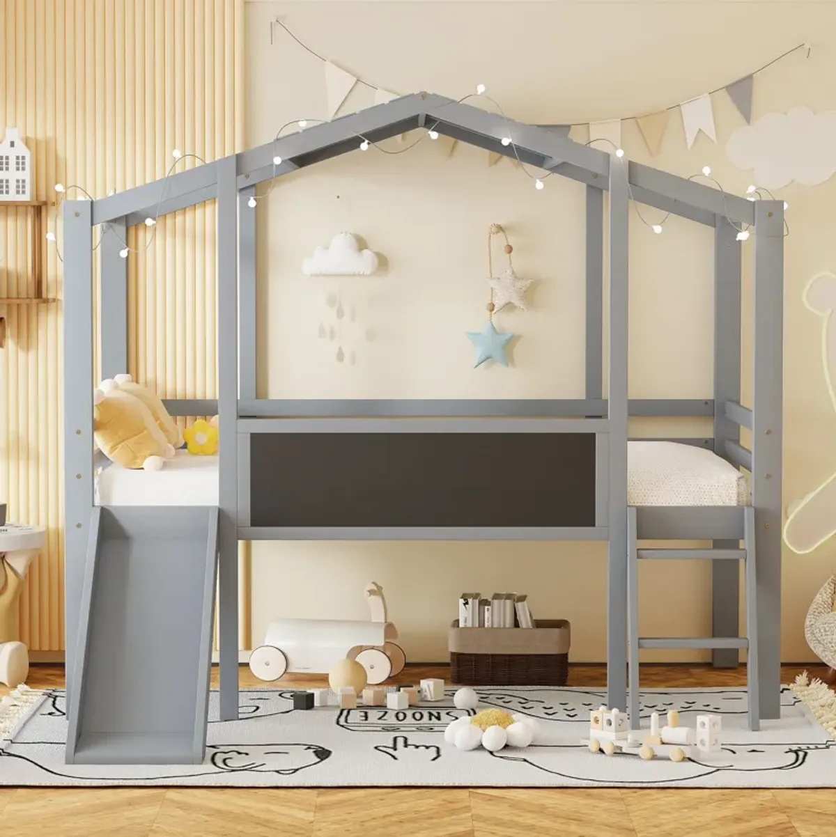 Loft House Bed With Ladder And Slide, With Blackboard And Light Strip On The Roof