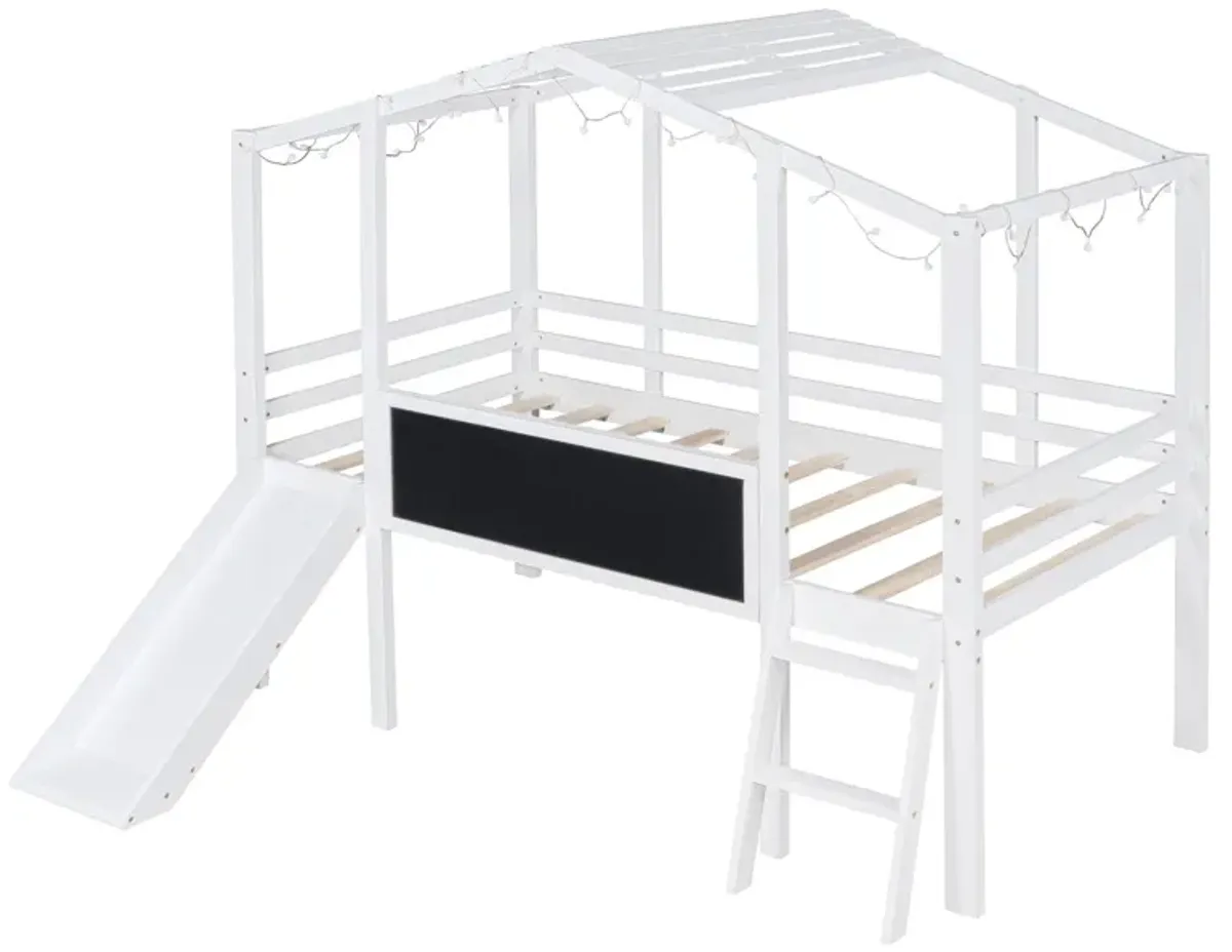 Loft House Bed With Ladder And Slide, With Blackboard And Light Strip On The Roof