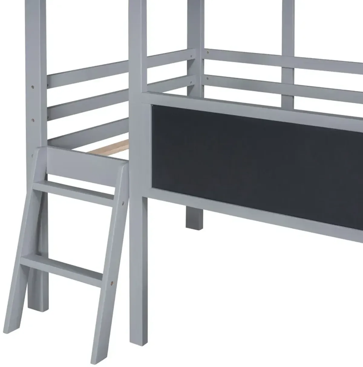 Loft House Bed With Ladder And Slide, With Blackboard And Light Strip On The Roof