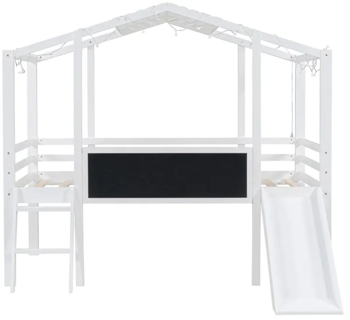 Loft House Bed With Ladder And Slide, With Blackboard And Light Strip On The Roof