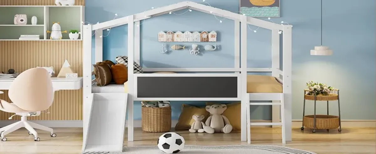 Loft House Bed With Ladder And Slide, With Blackboard And Light Strip On The Roof