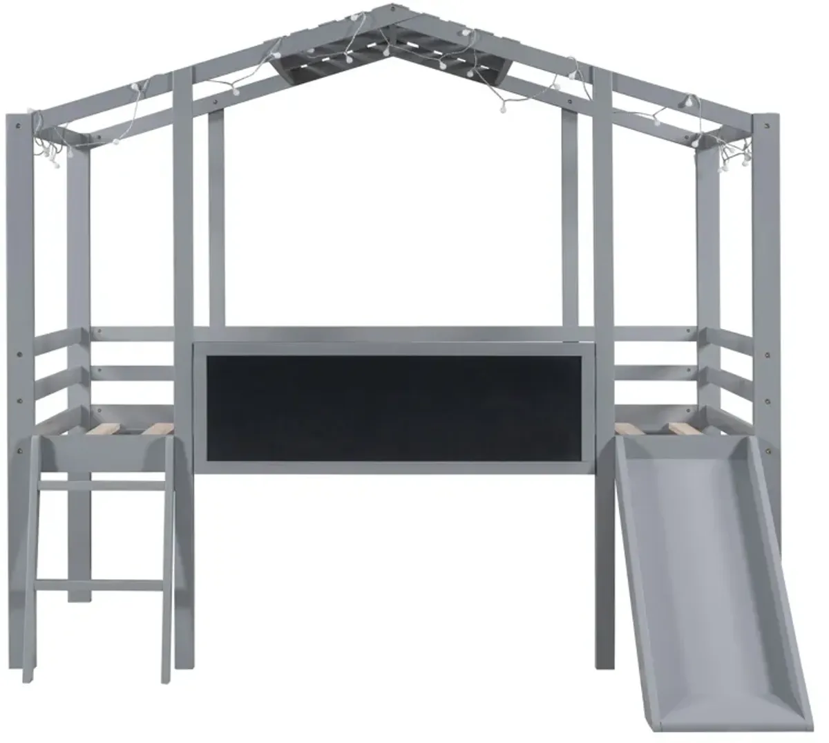 Loft House Bed With Ladder And Slide, With Blackboard And Light Strip On The Roof