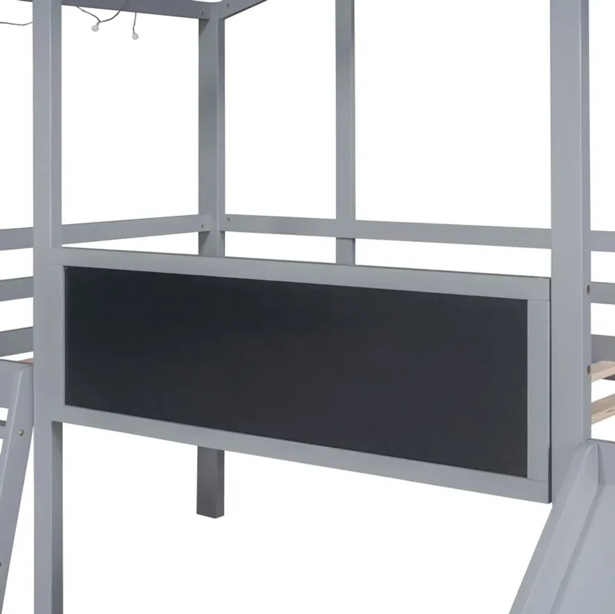 Loft House Bed With Ladder And Slide, With Blackboard And Light Strip On The Roof