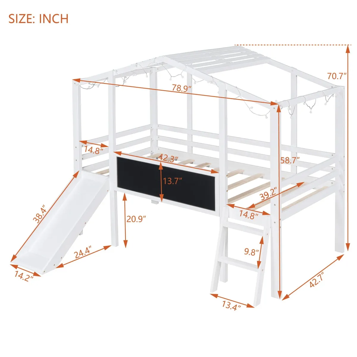 Loft House Bed With Ladder And Slide, With Blackboard And Light Strip On The Roof