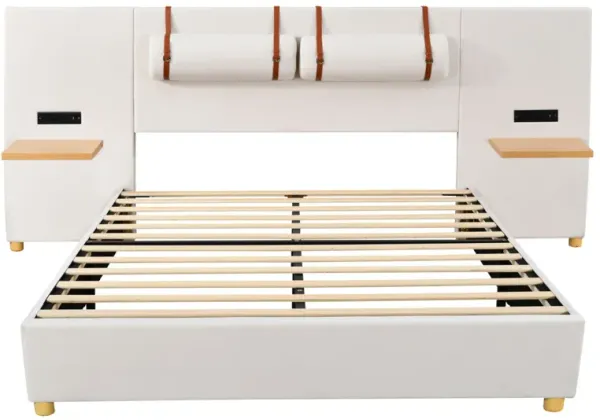 Upholstered Platform Bed, 2 Outlets And USB Charging Ports On Both Sides, 2 Bedside Pillows, Storage Shelves
