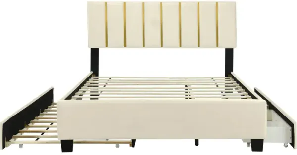 Upholstered Platform Bed With 2 Drawers And 1 Trundle, Classic Strip Headboard Design