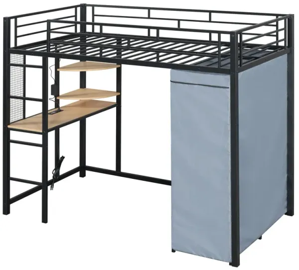 Loft Bed With Desk, Shelves, Power Outlet, LED Light And Wardrobe