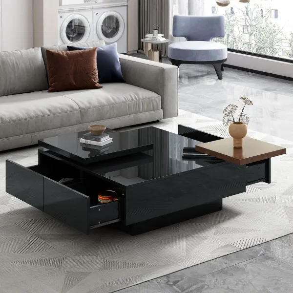 Movable Square Top Coffee Table With 4 Hidden Storage Drawers