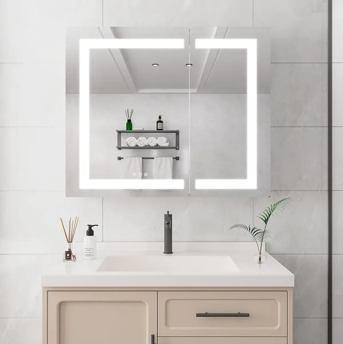 36" X 30" Medicine Cabinet With LED Vanity Mirror, Anti-Fog Recessed Or Surface Mount Bathroom Double Door Large Storage 3000K~6000K Bright Lighted Aluminum Storage Cabinet With Touch Switch - Silver
