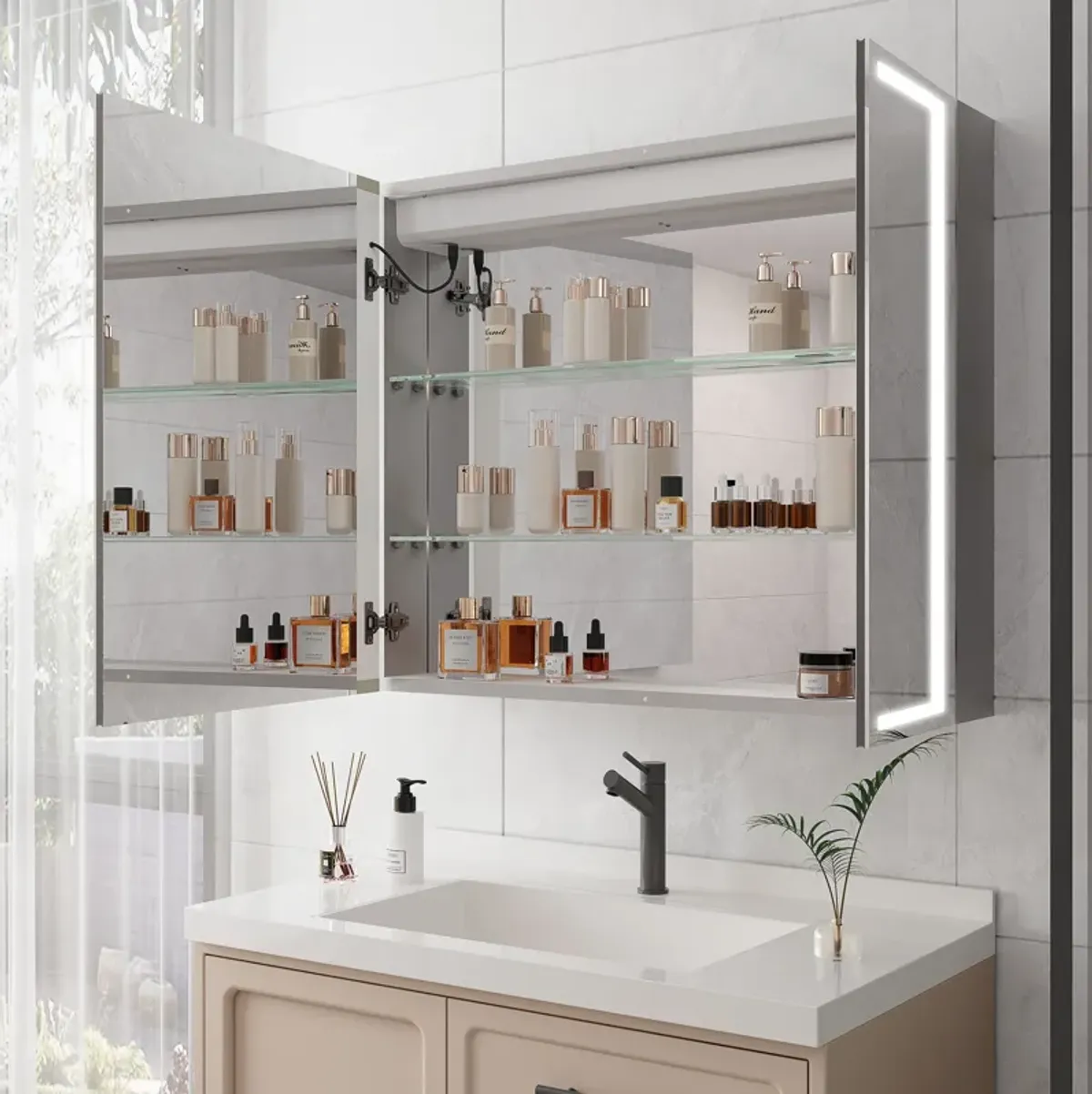 36" X 30" Medicine Cabinet With LED Vanity Mirror, Anti-Fog Recessed Or Surface Mount Bathroom Double Door Large Storage 3000K~6000K Bright Lighted Aluminum Storage Cabinet With Touch Switch - Silver