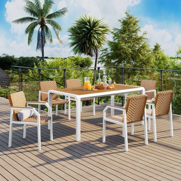 7 Piece Patio Dining Table Set, Outdoor Wicker Furniture (Set of 6) Chairs, 2 Tone Weave Rattan, Acacia Wood Tabletop, Outdoor Dining Set For Backyard And Garden - Brown