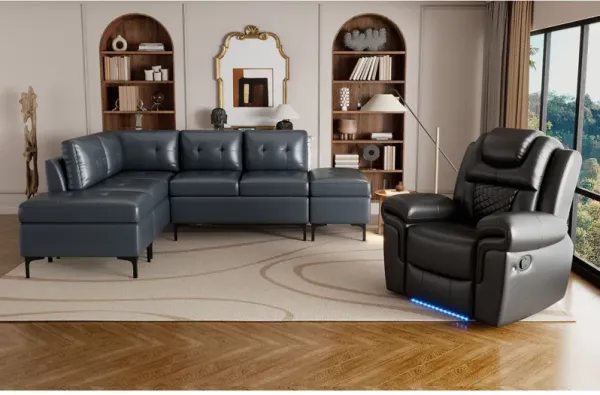 Sofa Recliner Set L - Shaped Corner Sofa Leather Recliner For Living Room - Blue / Black