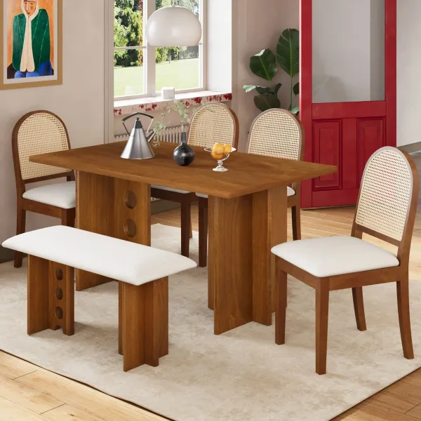 Modern Double Pedestal 6 Piece Dining Table Set, 4 Upholstered Rattan Back Dining Chairs And Bench