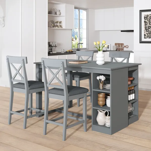 Solid Wood Farmhouse Counter Height Dining Table Set With 3 Tier Storage Shelves
