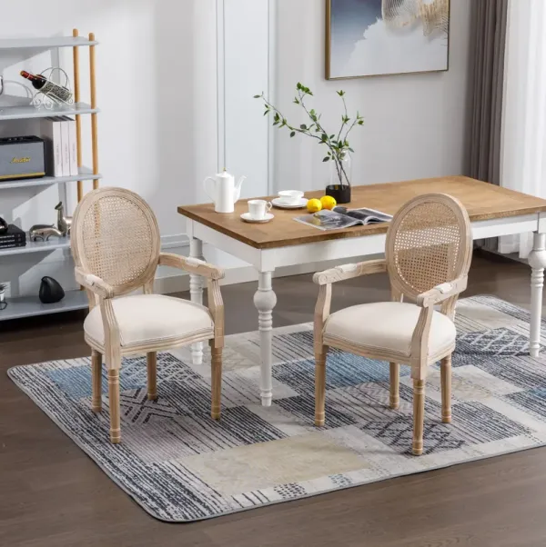 French Vintage Upholstered Fabric Dining Armchair (Set of 2) - Beige