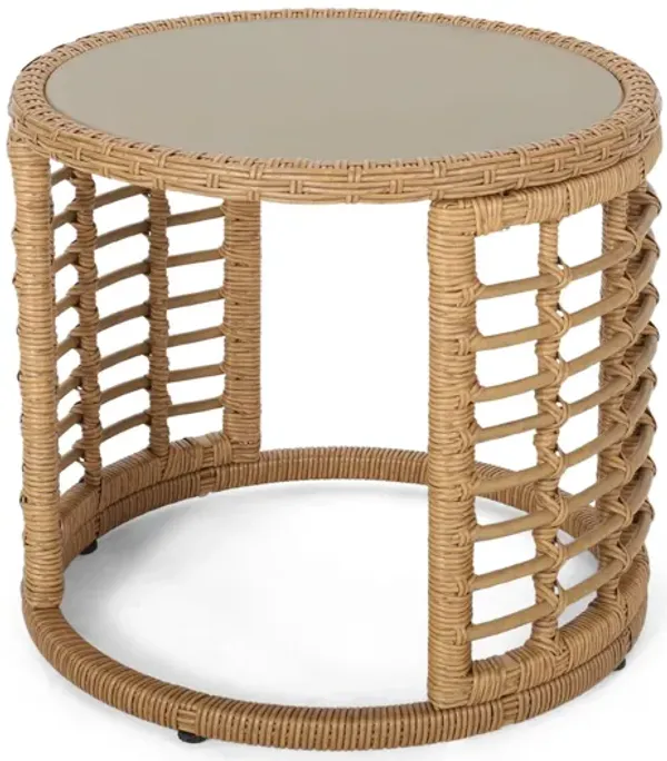 Outdoor Side Table With Tempered Glass Top And Rattan Wicker Cover - Light Brown