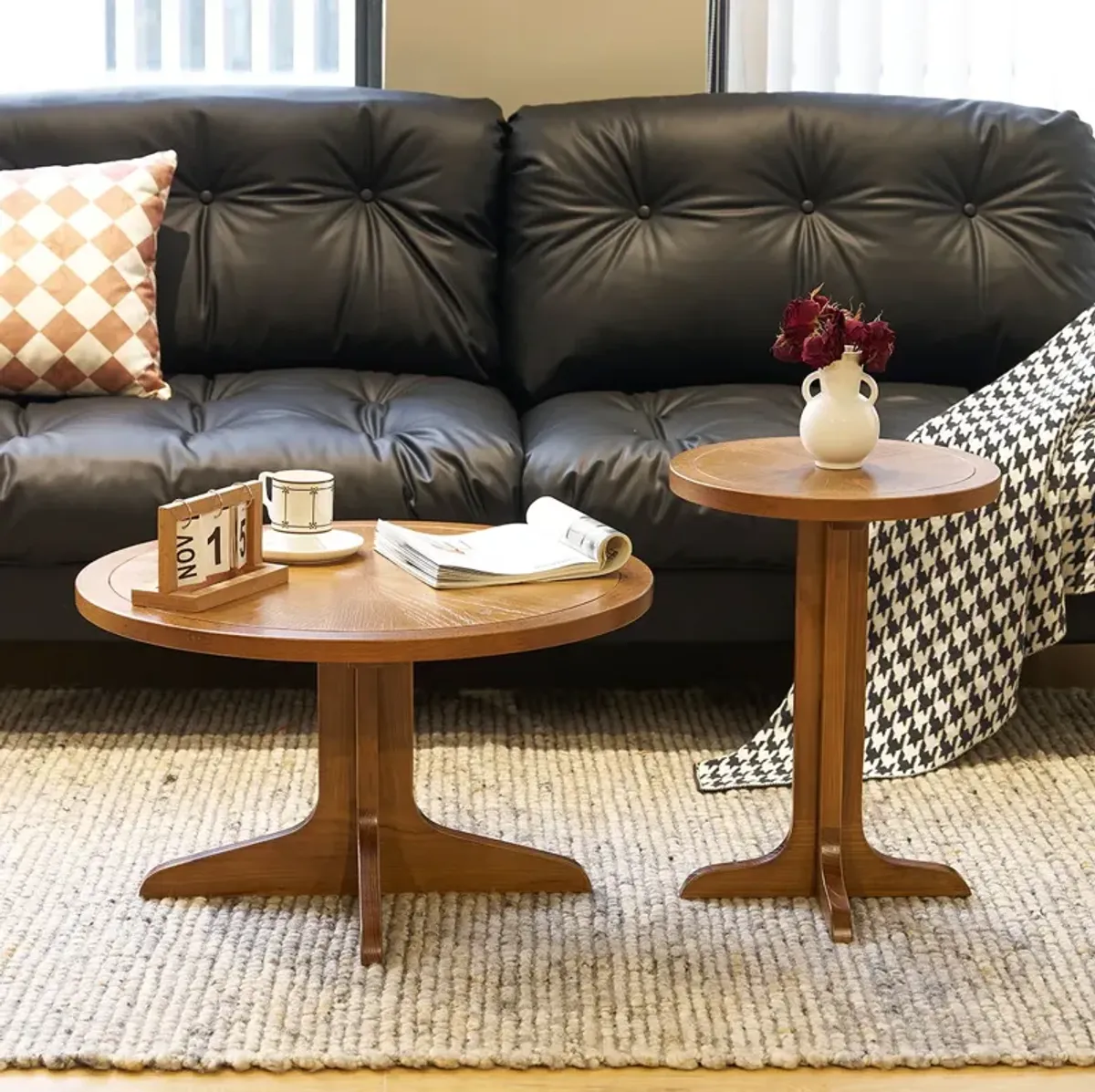 2 Piece Modern Farmhouse Living Room Coffee Table Set, Stylish And Elegant Nesting Round Wooden Table, Side End Table Set For Living Room - Brown